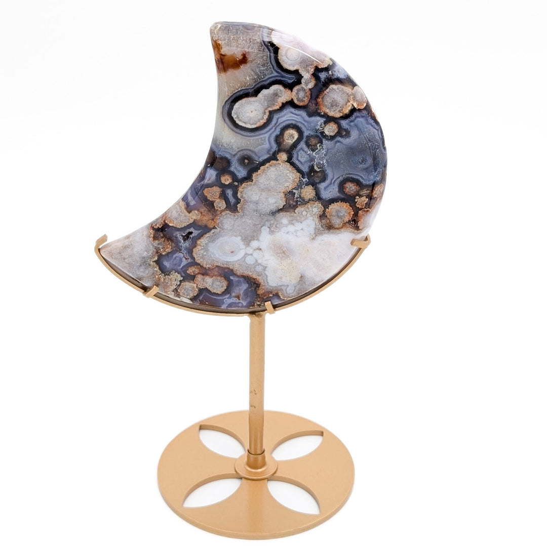 Flower Agate Crescent Moon on Metal Display Stand