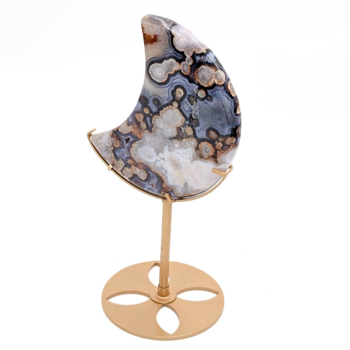 Flower Agate Crescent Moon on Metal Display Stand