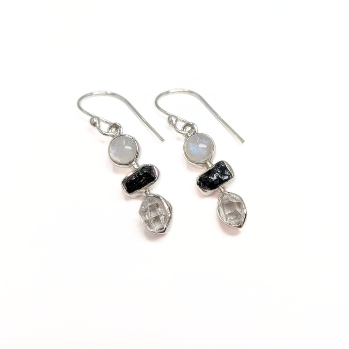 Rainbow Moonstone, Black Tourmaline, and Herkimer Quartz Dangle Earrings in Sterling Silver