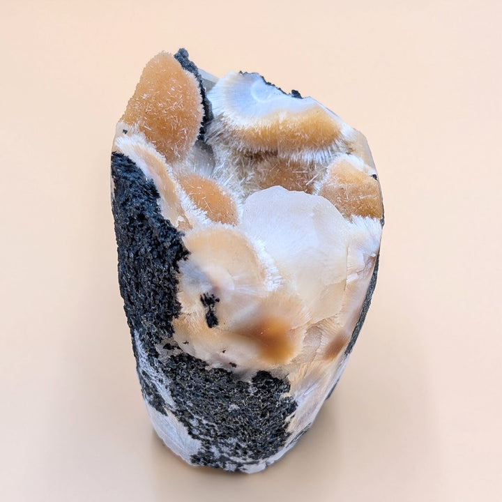 Thomsonite with Mesolite & Calcite on Black Heulandite Matrix - Collector’s Specimen