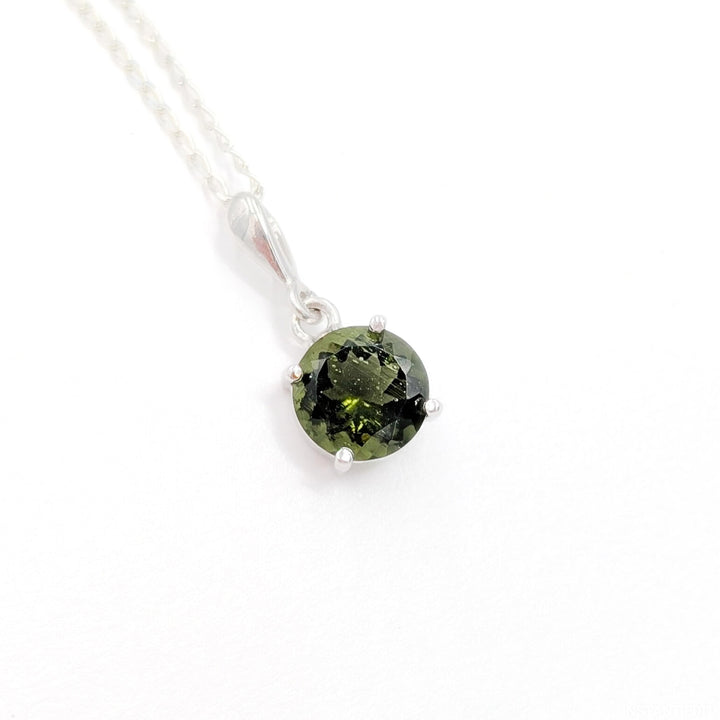 Round-Cut Faceted Moldavite Necklace in Sterling Silver