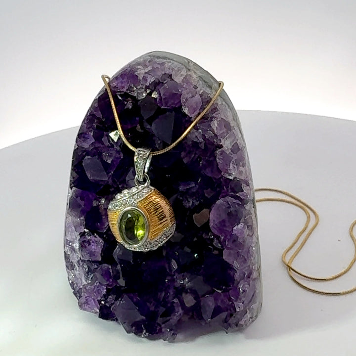 Oval Cut Peridot and Cz Vermeil and Sterling Silver Necklace on Vermeil Chain