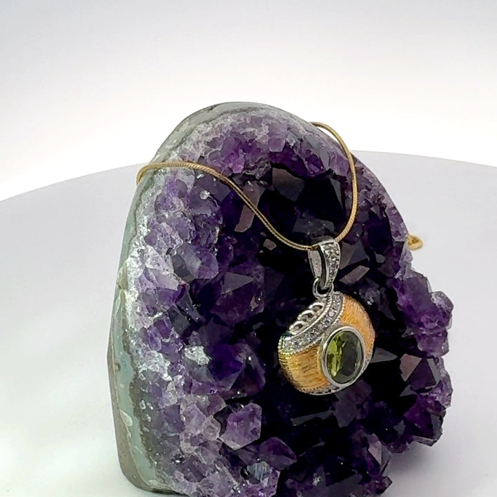 Oval Cut Peridot and Cz Vermeil and Sterling Silver Necklace on Vermeil Chain
