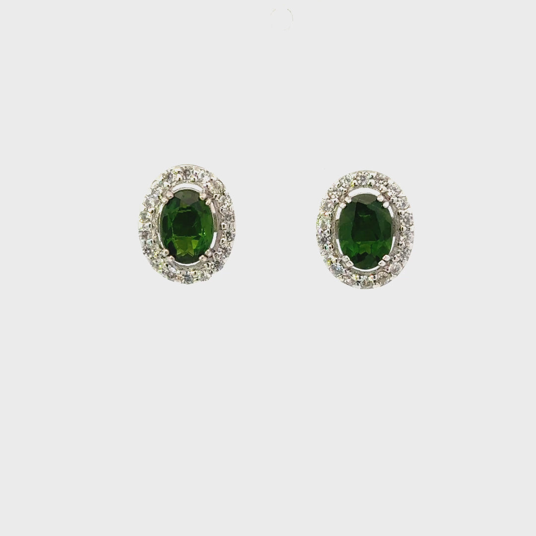 Chrome Diopside & White Zircon Halo Stud Earrings in Sterling Silver