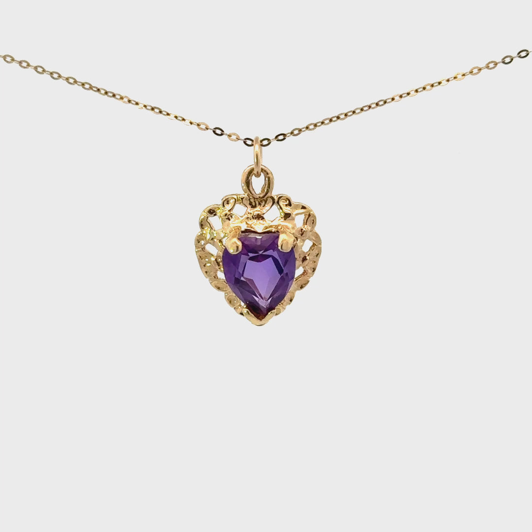 Vintage Heart-Cut Lab-Grown Purple Sapphire Necklace in 14K Yellow Gold
