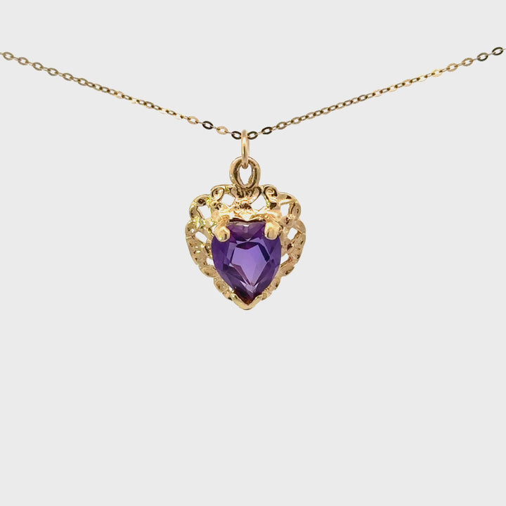 Vintage Heart-Cut Lab-Grown Purple Sapphire Necklace in 14K Yellow Gold