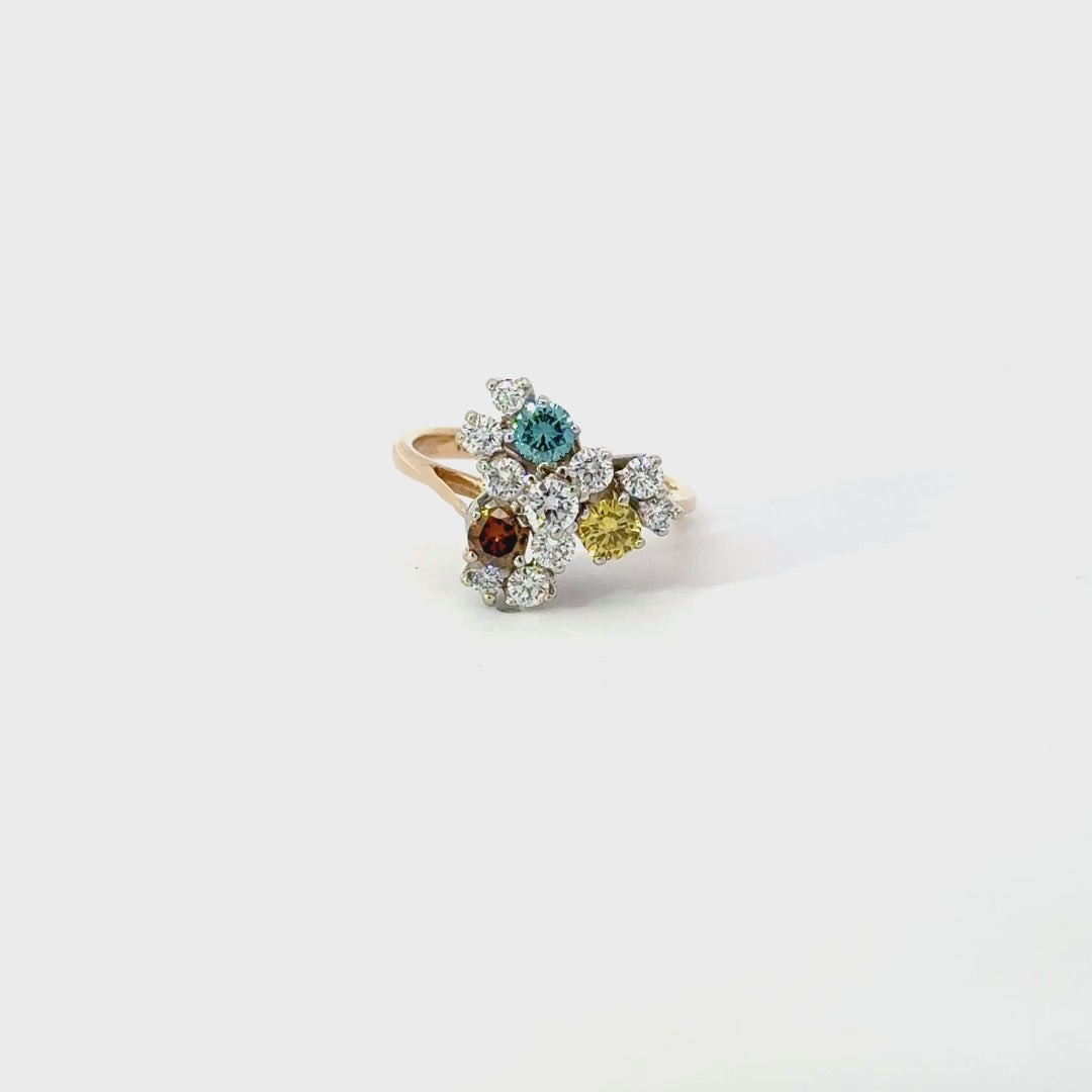Vintage Multi-Color Diamond Flower Ring in 14K White & Yellow Gold