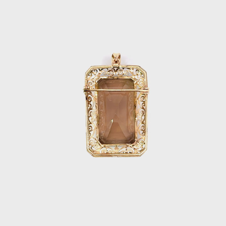 Vintage Smoky Quartz Pendant Brooch in 10K Filigree with 18K Gold Bail