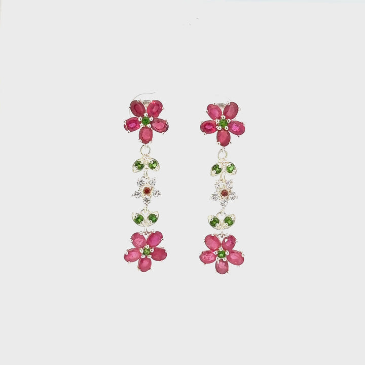 Ruby, Chrome Diopside & Clear Tourmaline Floral Dangle Earrings in Sterling Silver