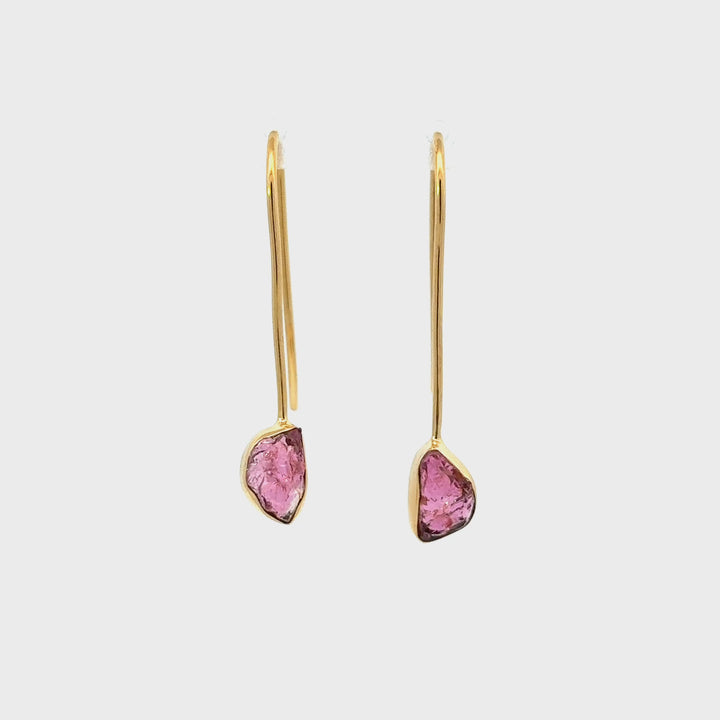Raw Pink Tourmaline Drop Earrings in Gold over Sterling Silver