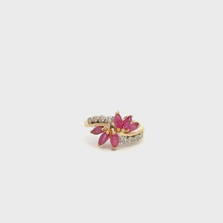 Vintage Ruby & Diamond Floral Ring in 14K Yellow Gold