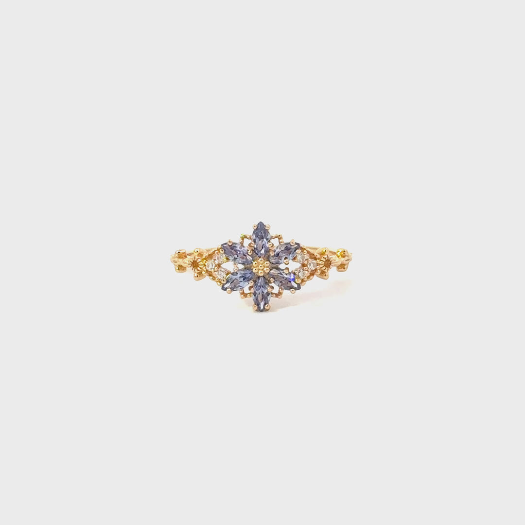 Tanzanite & Cubic Zirconia Flower Starburst Ring in 14K Gold Plated Sterling Silver