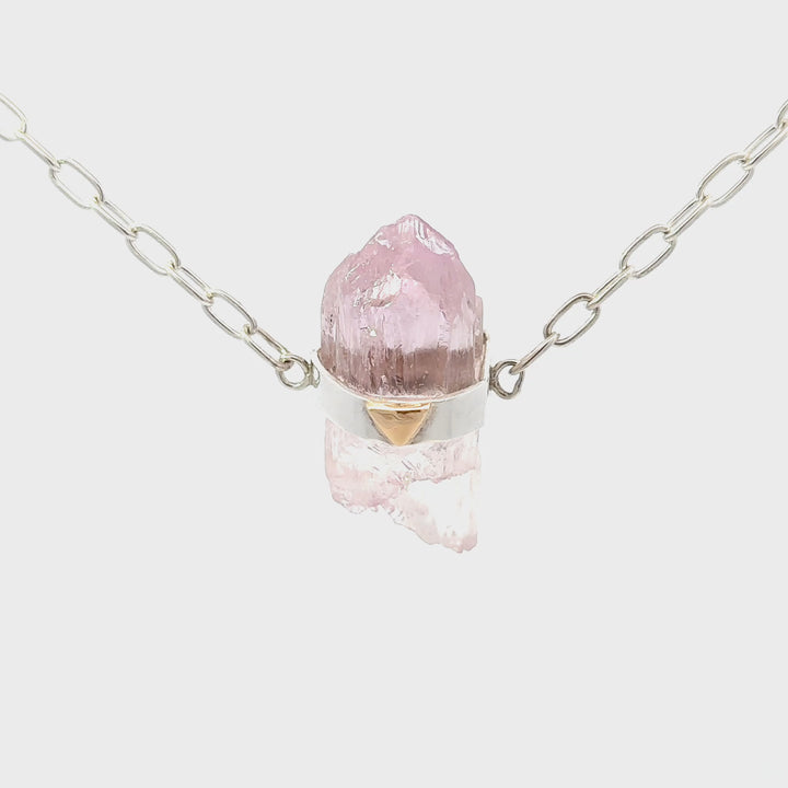 Raw Kunzite Necklace in Sterling Silver with 14K Gold Triangle Accent