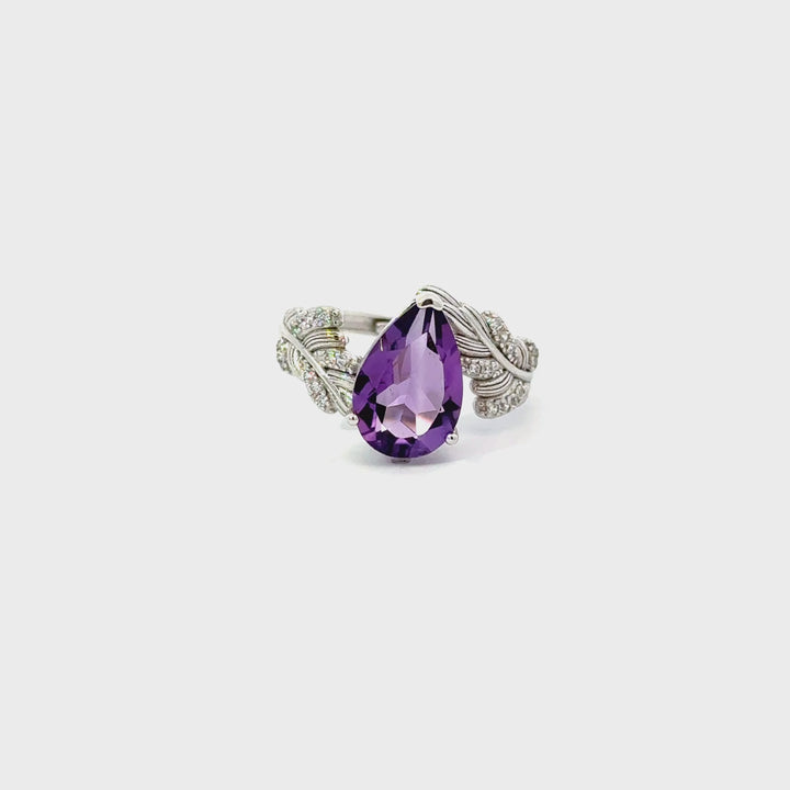 Amethyst & Clear Zircon Leaf Motif Adjustable Ring in Sterling Silver