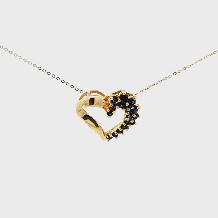 Vintage Blue Sapphire Heart Necklace Set in 14k Yellow Gold