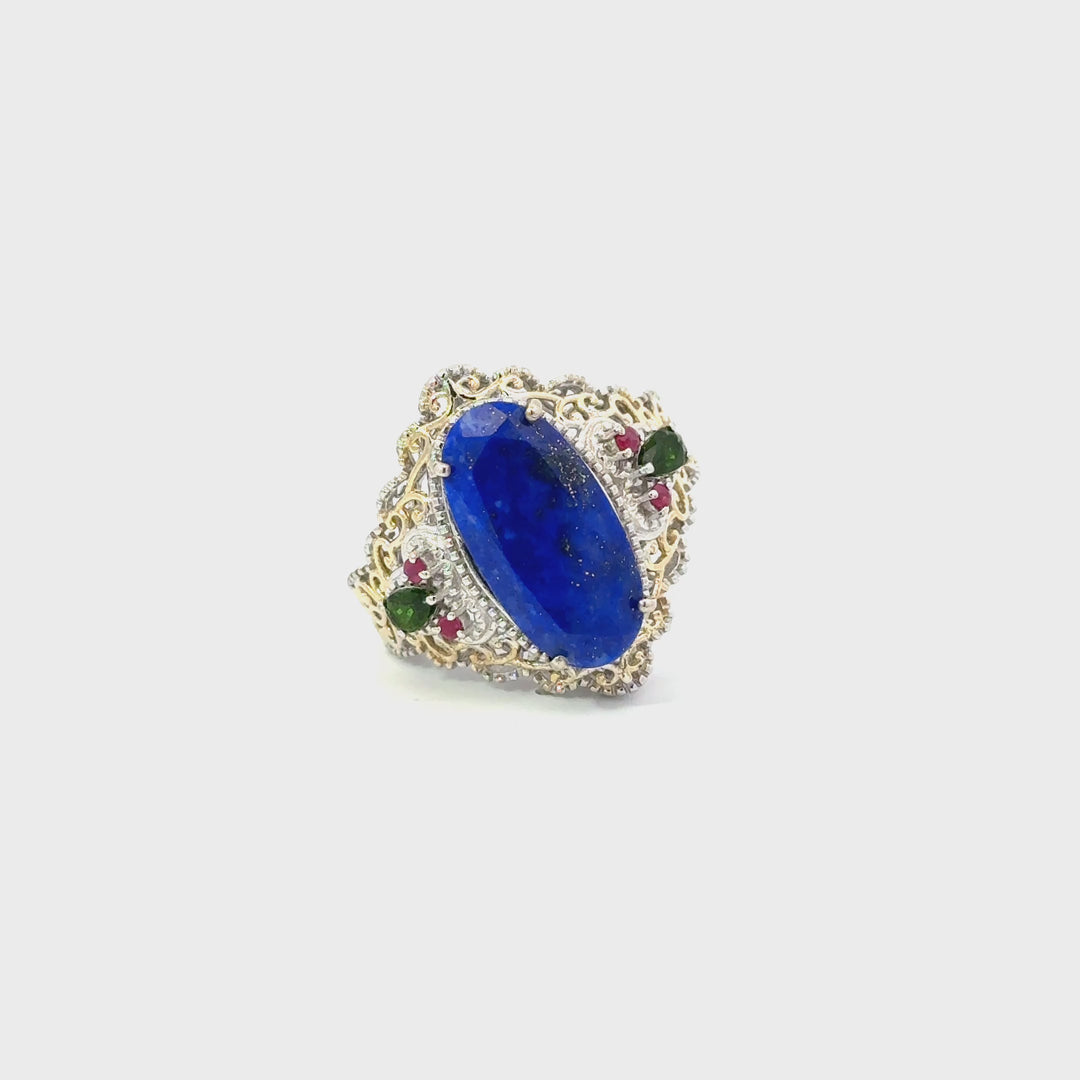 Vintage Lapis Lazuli, Ruby & Green Tourmaline Ring in Sterling Silver