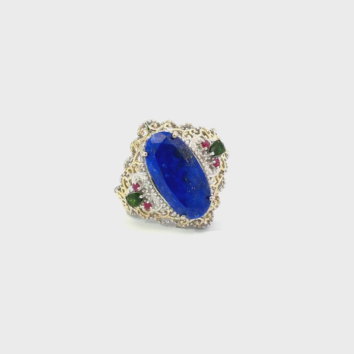 Vintage Lapis Lazuli, Ruby & Green Tourmaline Ring in Sterling Silver