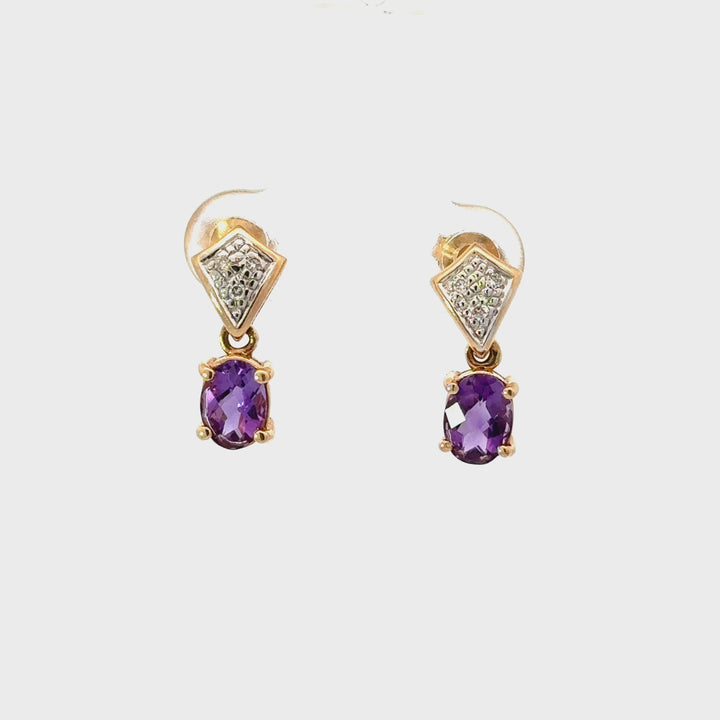 Vintage Amethyst & Diamond Drop Earrings in 14K Yellow Gold