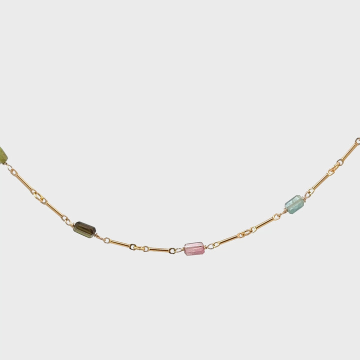Multi-Colored Tourmaline Bar Chain Necklace in 14K Gold Fill