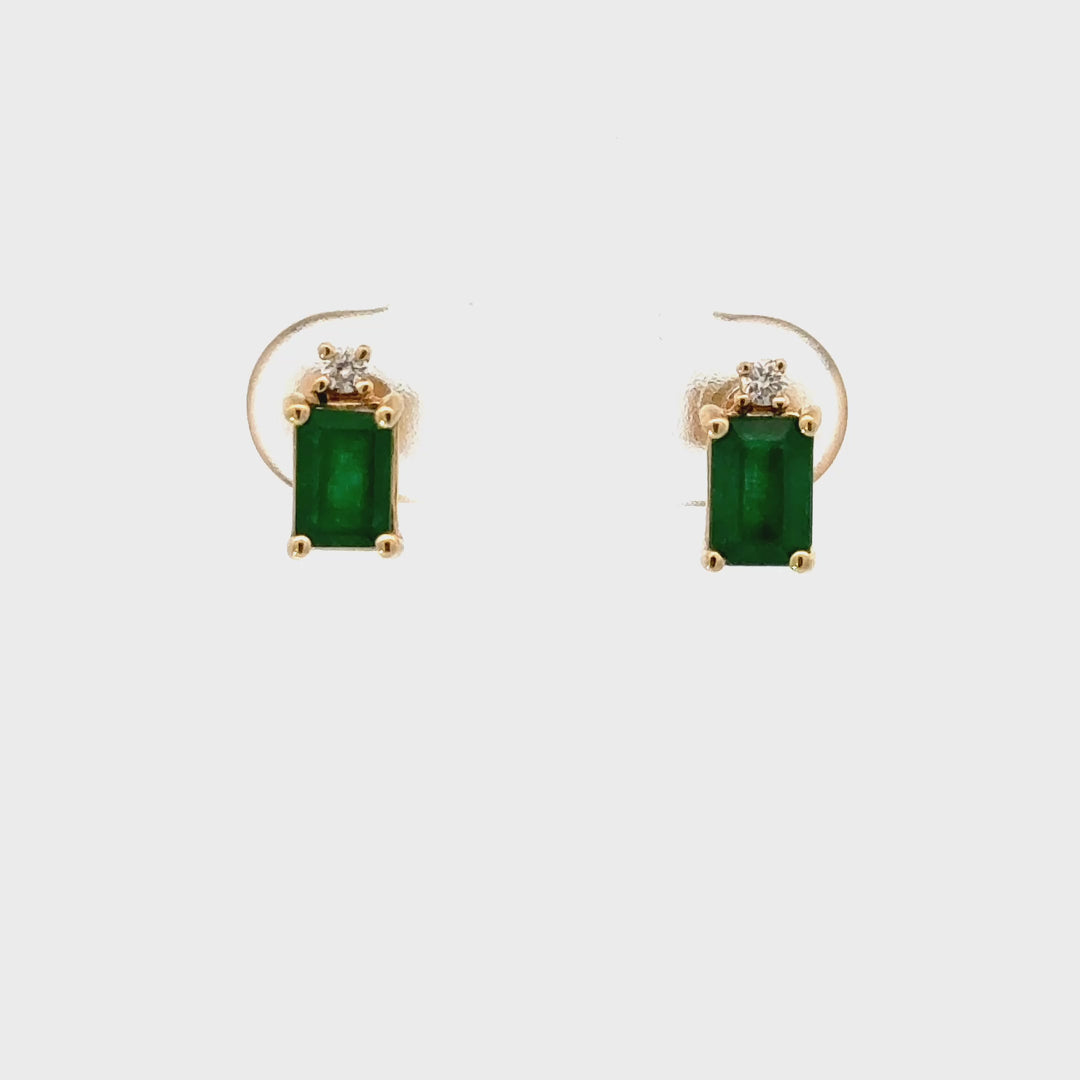 Emerald-Cut Emerald & Round Brilliant Diamond Accent Stud Earrings in 14K Yellow Gold