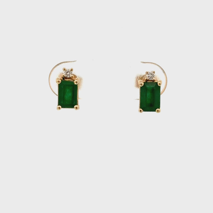 Emerald-Cut Emerald & Round Brilliant Diamond Accent Stud Earrings in 14K Yellow Gold
