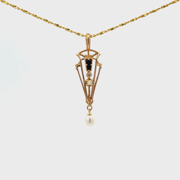 Black Zircon, Opal, & Freshwater Pearl Necklace in Gold over Sterling Silver
