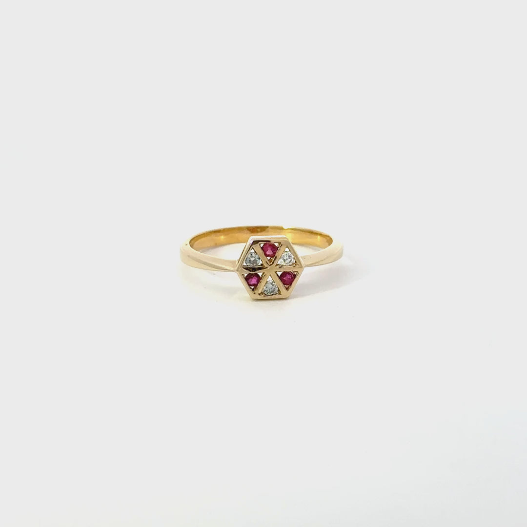 Vintage Ruby & Diamond Hexagon Ring in 14K Yellow Gold