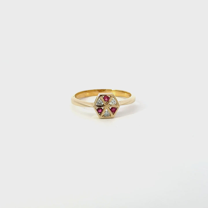 Vintage Ruby & Diamond Hexagon Ring in 14K Yellow Gold