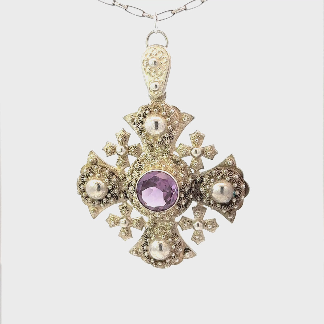 Color Changing Lab Sapphire Jerusalem Cross Necklace in Sterling Silver