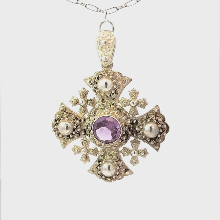 Color Changing Lab Sapphire Jerusalem Cross Necklace in Sterling Silver