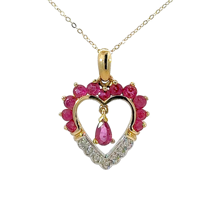 Vintage Pear Cut Ruby & Round Cut Diamond Heart Necklace in 14K Yellow Gold
