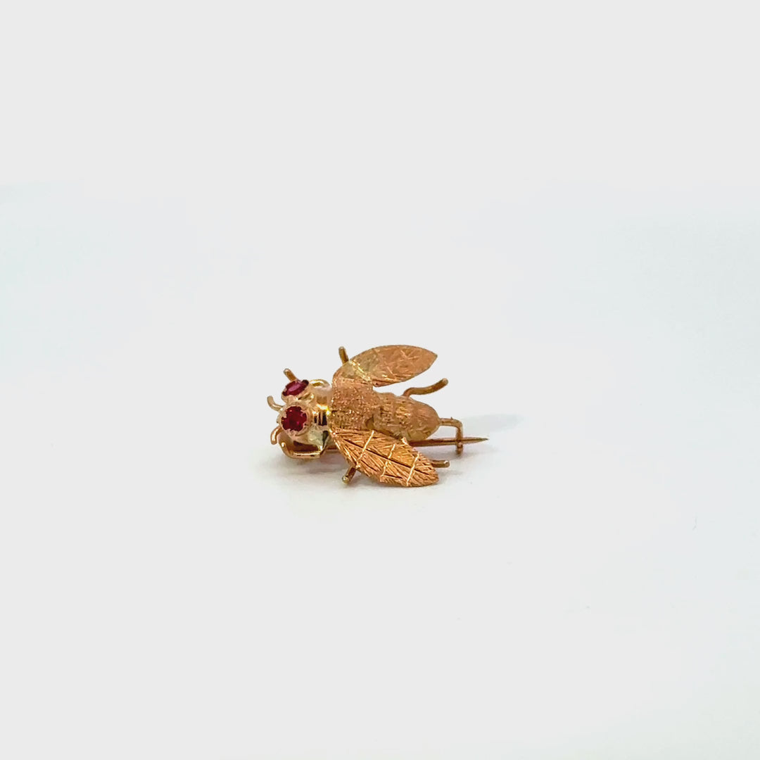 Vintage Ruby Insect Brooch in 14K Yellow Gold