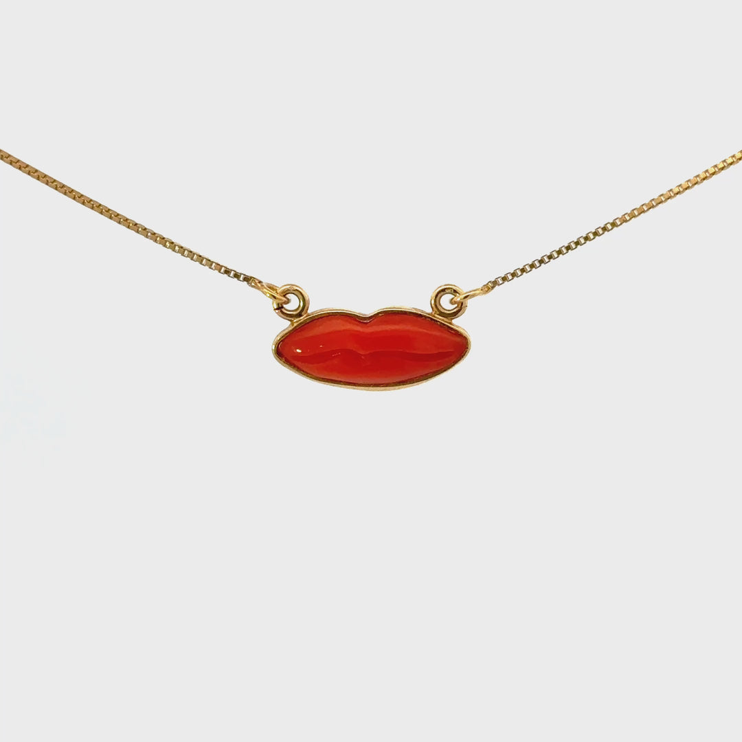 Italian Red Coral Lips Necklace in Gold Vermeil