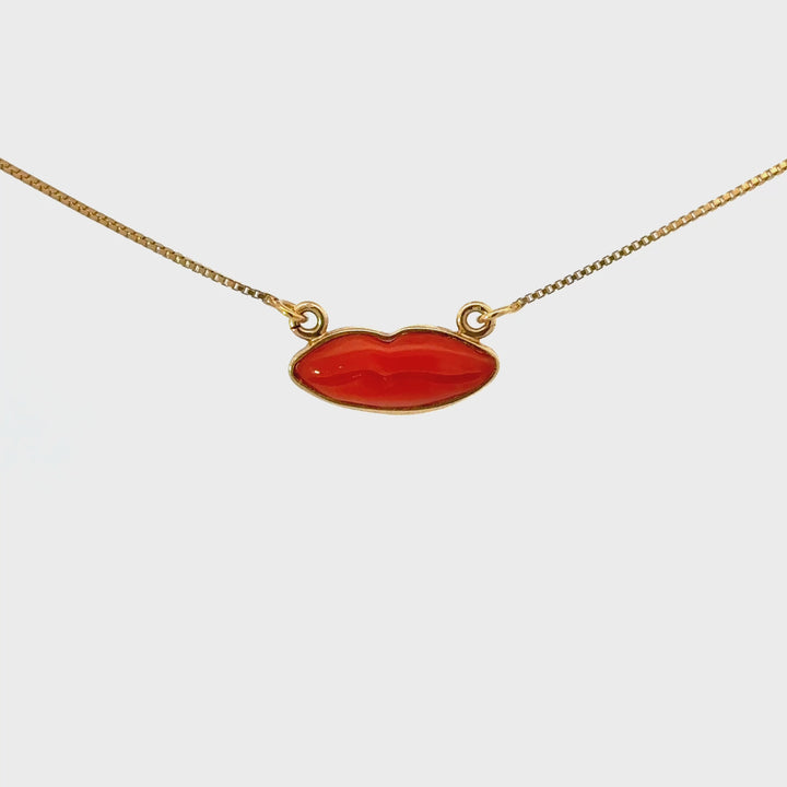 Italian Red Coral Lips Necklace in Gold Vermeil