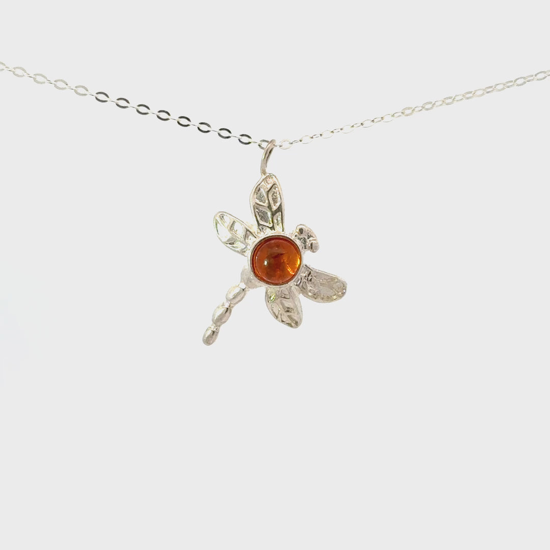 Amber Dragonfly Necklace in Sterling Silver