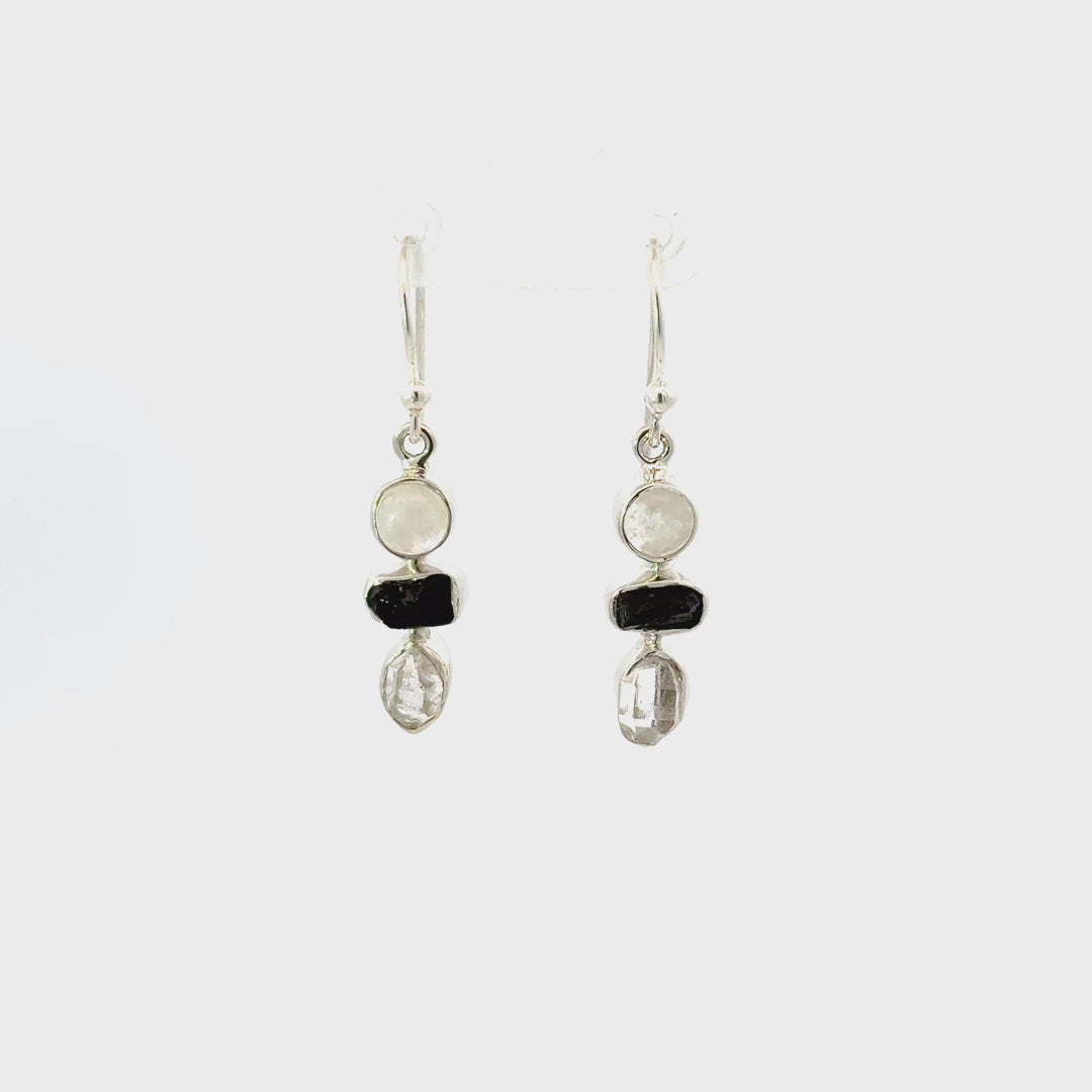Rainbow Moonstone, Black Tourmaline, and Herkimer Quartz Dangle Earrings in Sterling Silver