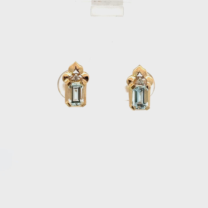 Vintage Aquamarine & Diamond Stud Earrings in 10K Yellow Gold