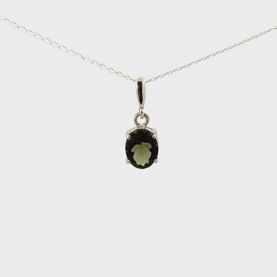 Oval-Cut Faceted Moldavite Necklace in Sterling Silver