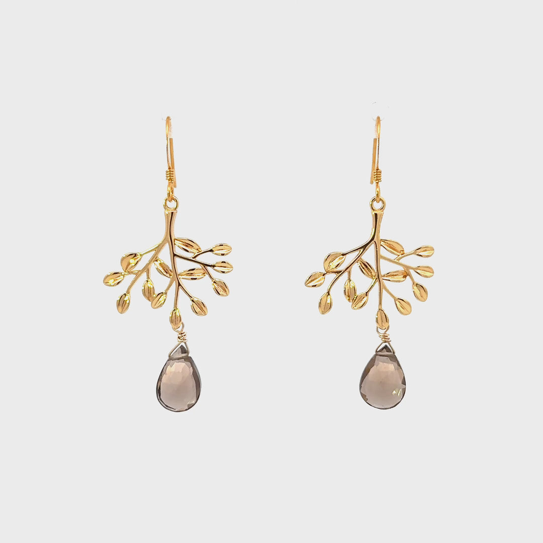 Smoky Quartz Tree Branch Earrings in 18K Gold Over Brass