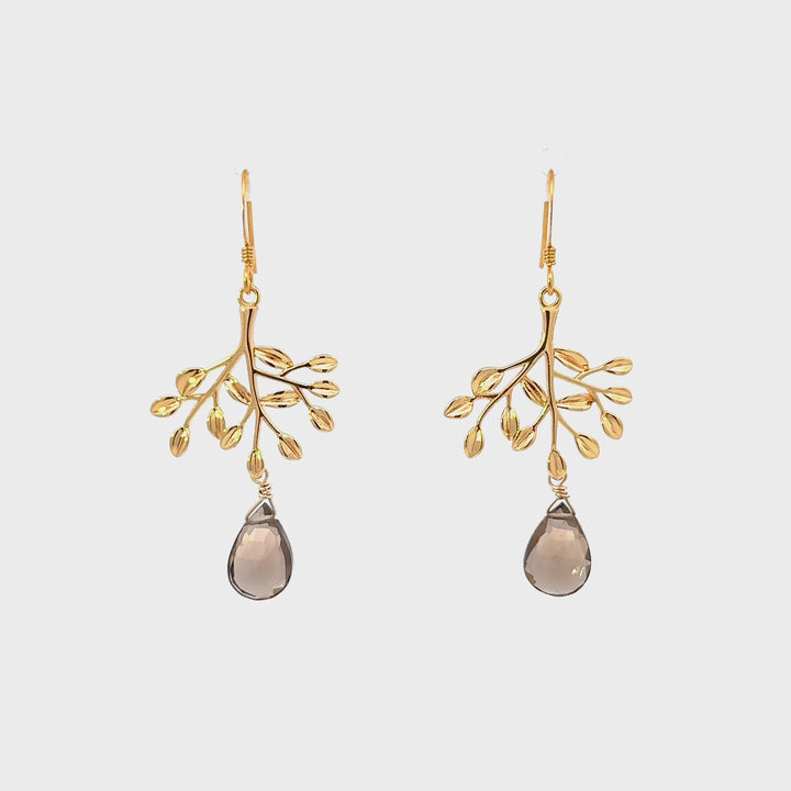 Smoky Quartz Tree Branch Earrings in 18K Gold Over Brass