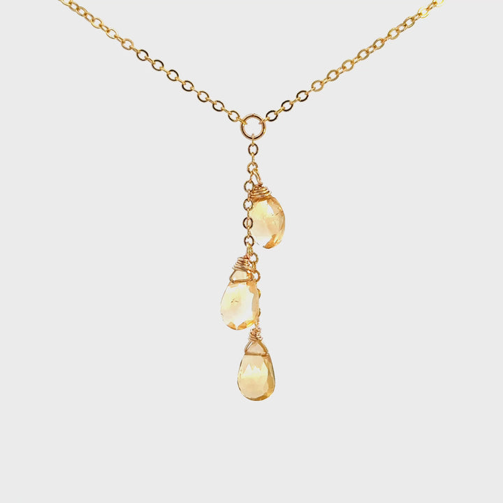 Citrine Triple Stone Y Necklace in 18K Gold Over Brass