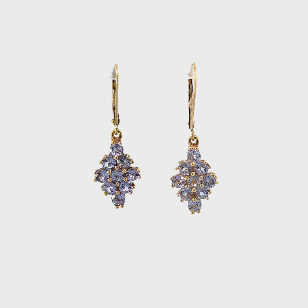 Vintage Tanzanite Cluster Drop Earrings in 14K Yellow Gold