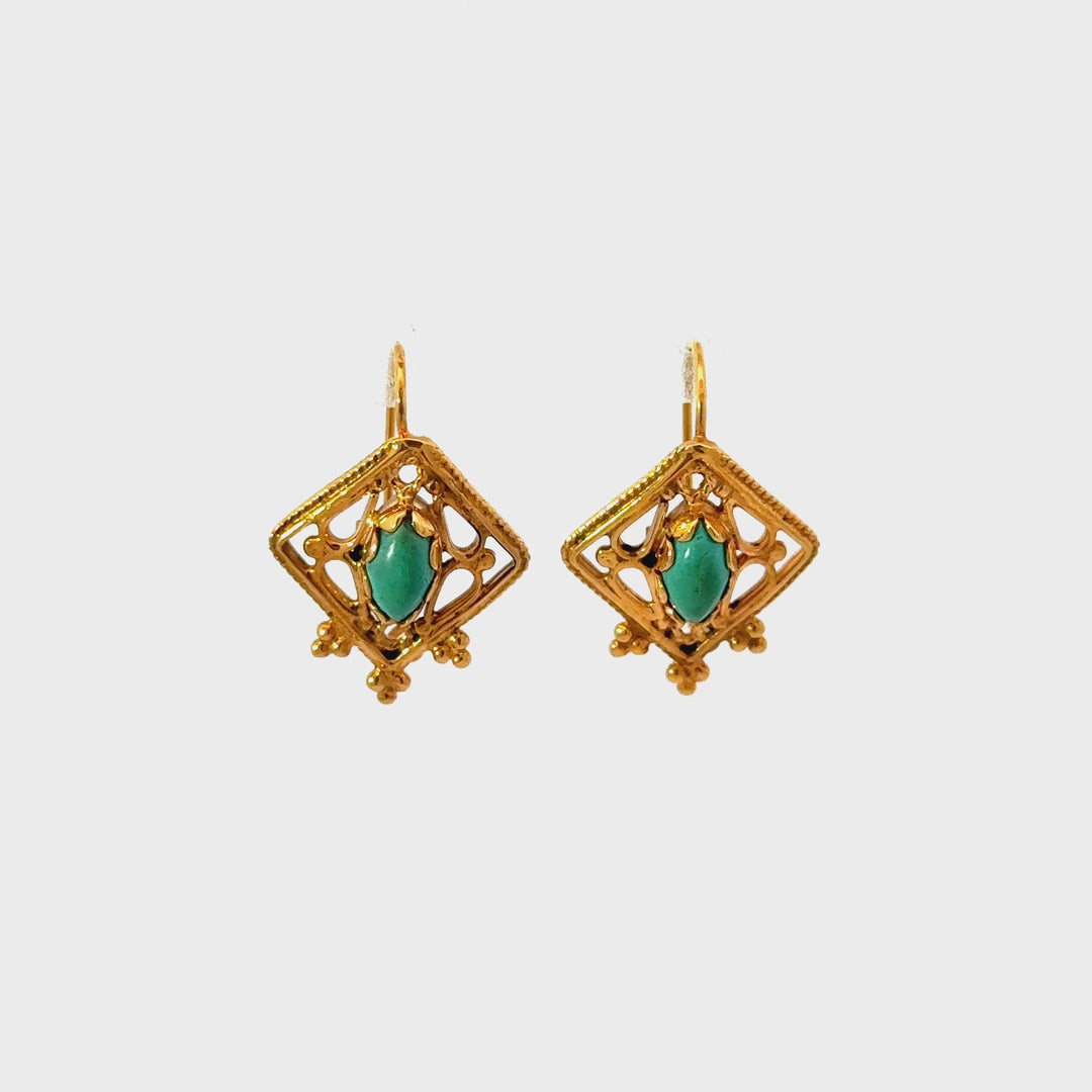 Vintage Turquoise Filigree Dangle Earrings in 14K Yellow Gold