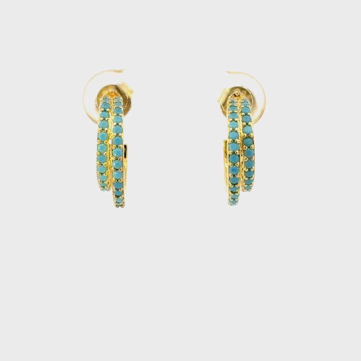 Lab Grown Turquoise Double Row Huggie Hoops in Vermeil Sterling Silver