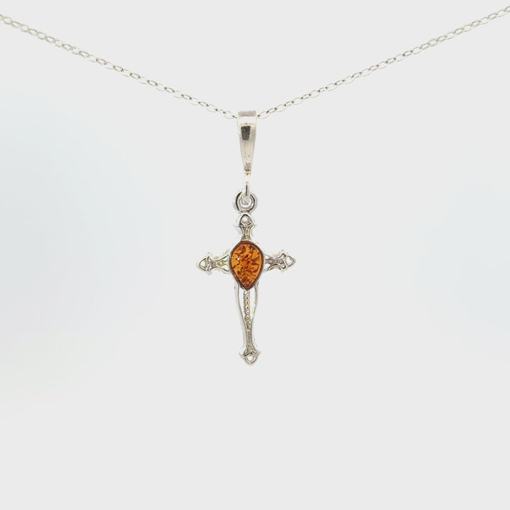 Amber Cross Necklace in Sterling Silver