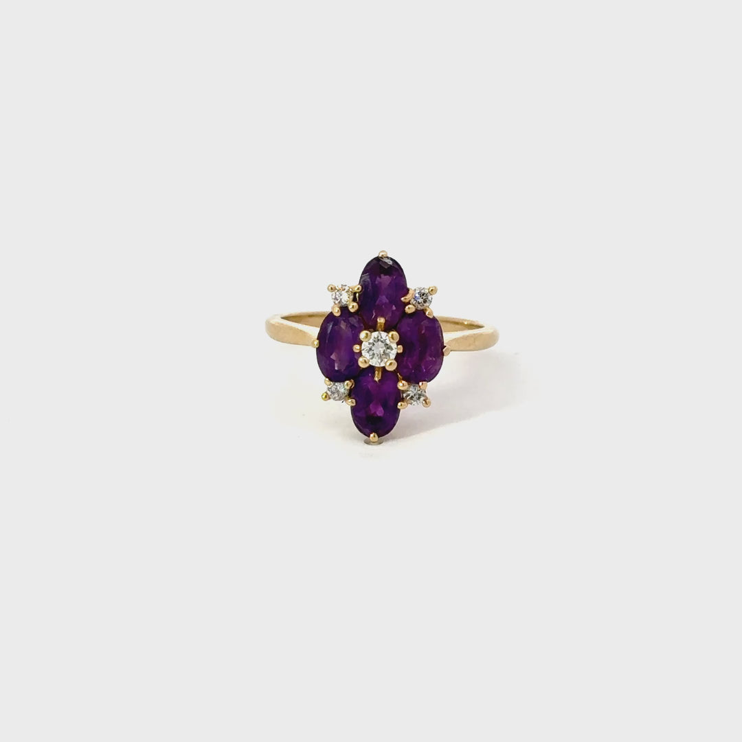 Vintage Amethyst & Diamond Floral Ring in 18K Yellow Gold