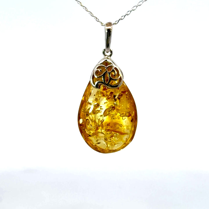 Pear Cut Amber Necklace in Sterling Silver