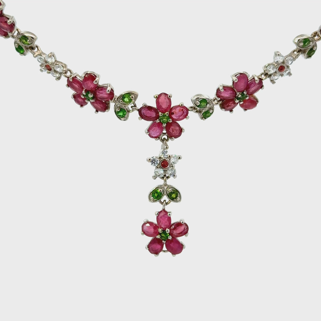 Floral Ruby & Green Chrome Diopside Leaf Necklace with Clear Tourmaline Accents in Sterling Silver