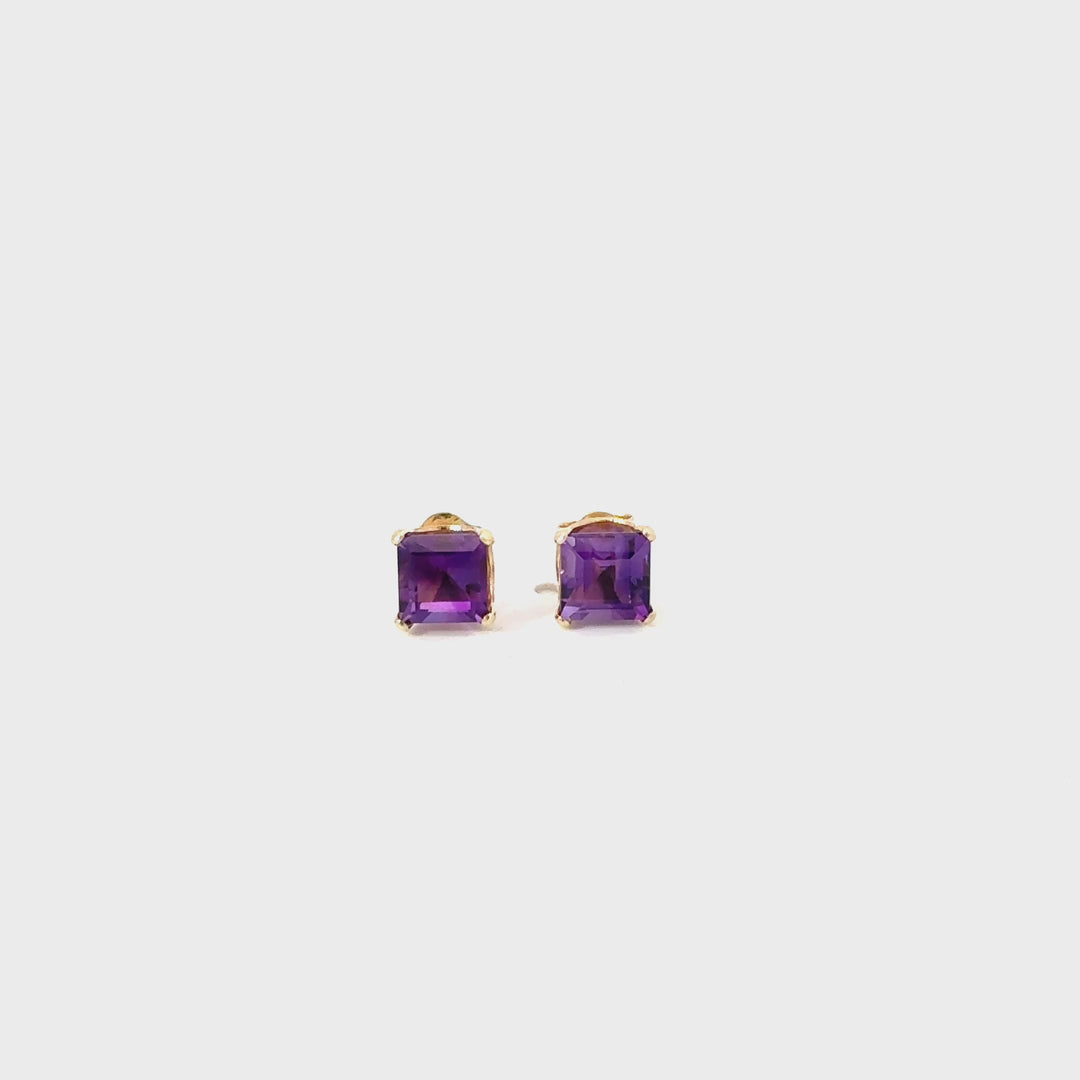 Vintage Square-Cut Amethyst Stud Earrings in 14K Yellow Gold