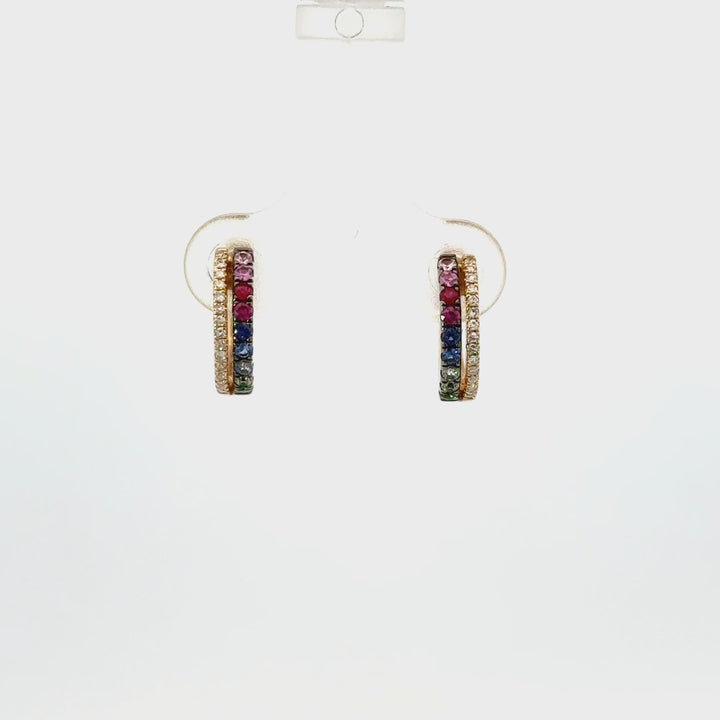 Multicolored Sapphire & Diamond Huggie Hoop Earrings in 14K Yellow Gold